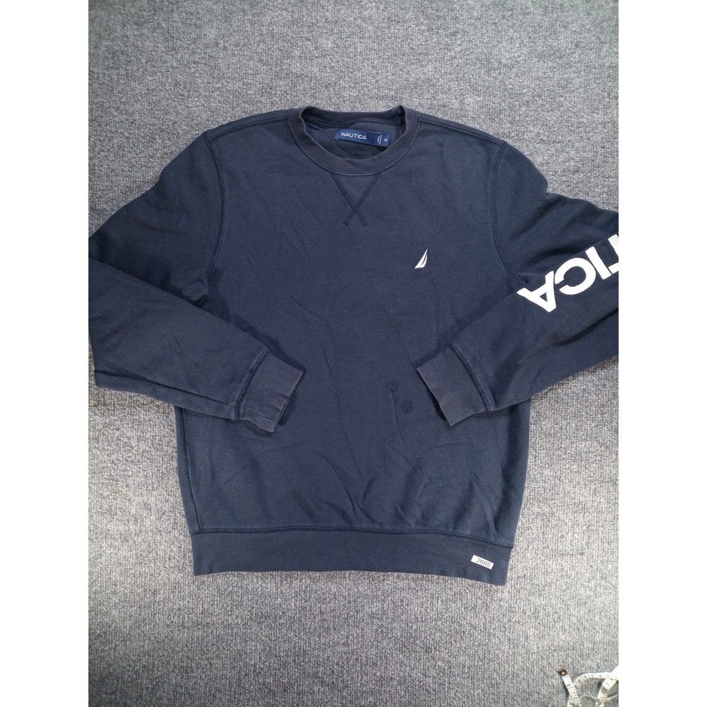 Nautica Men's XS Navy Blue Crewneck Sweatshirt Spellout Sleeve Logo Pullover